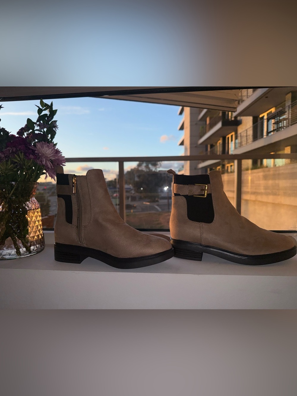 Tommy Hilfiger Taupe Chelsea Ankle Boots with Gold Buckle